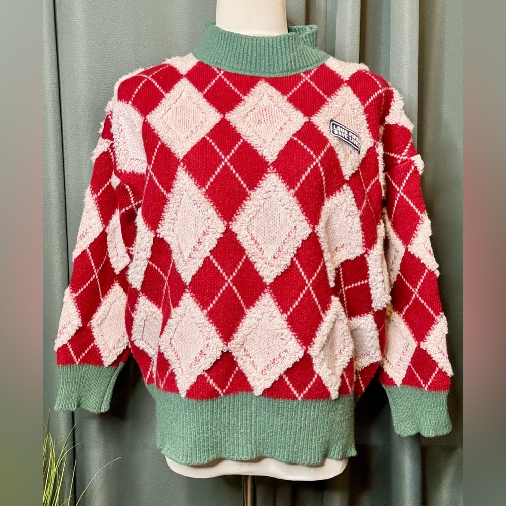 Red and White Argyle Sweater with Patch